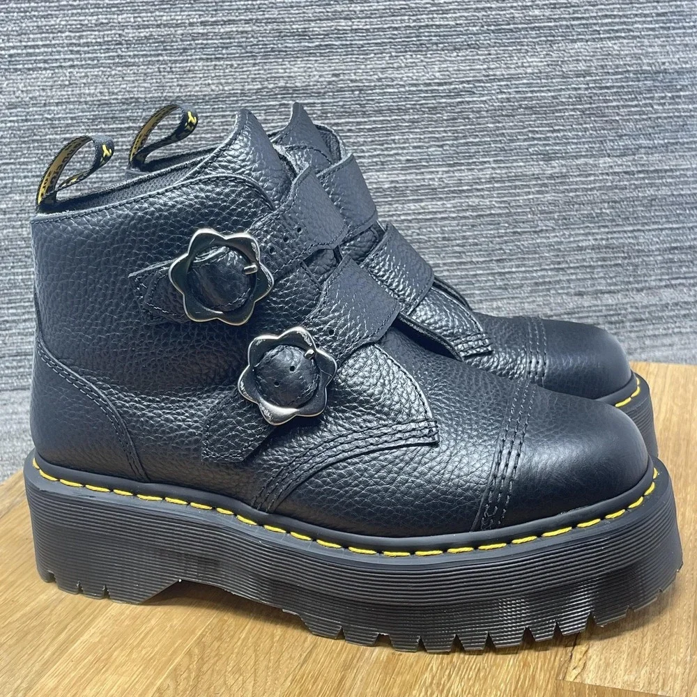 Dr. Martens Devon FLWR‎ Shoes Women 8 Black Leather Platform Buckle Flower NEW